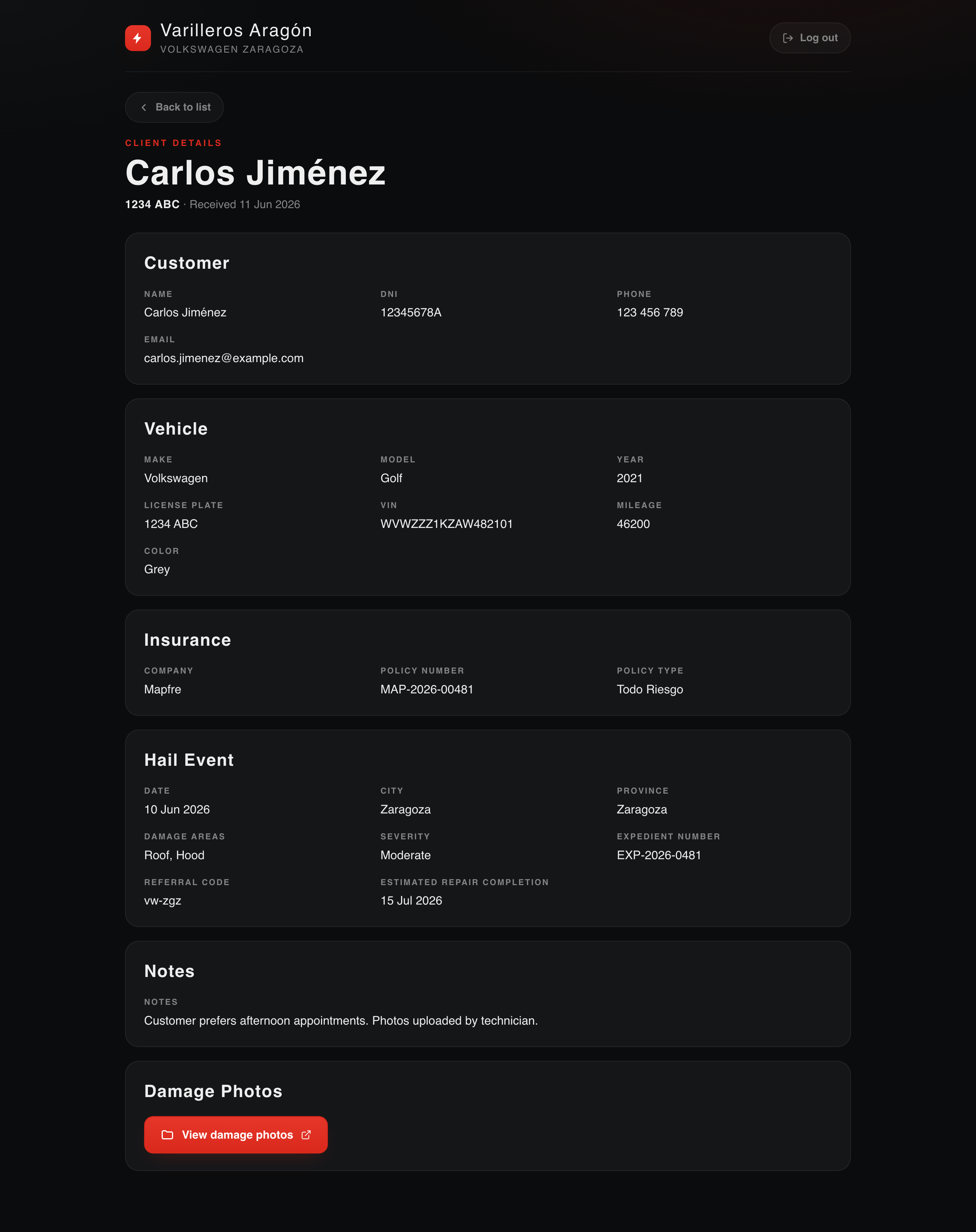 Partner dashboard — client detail view